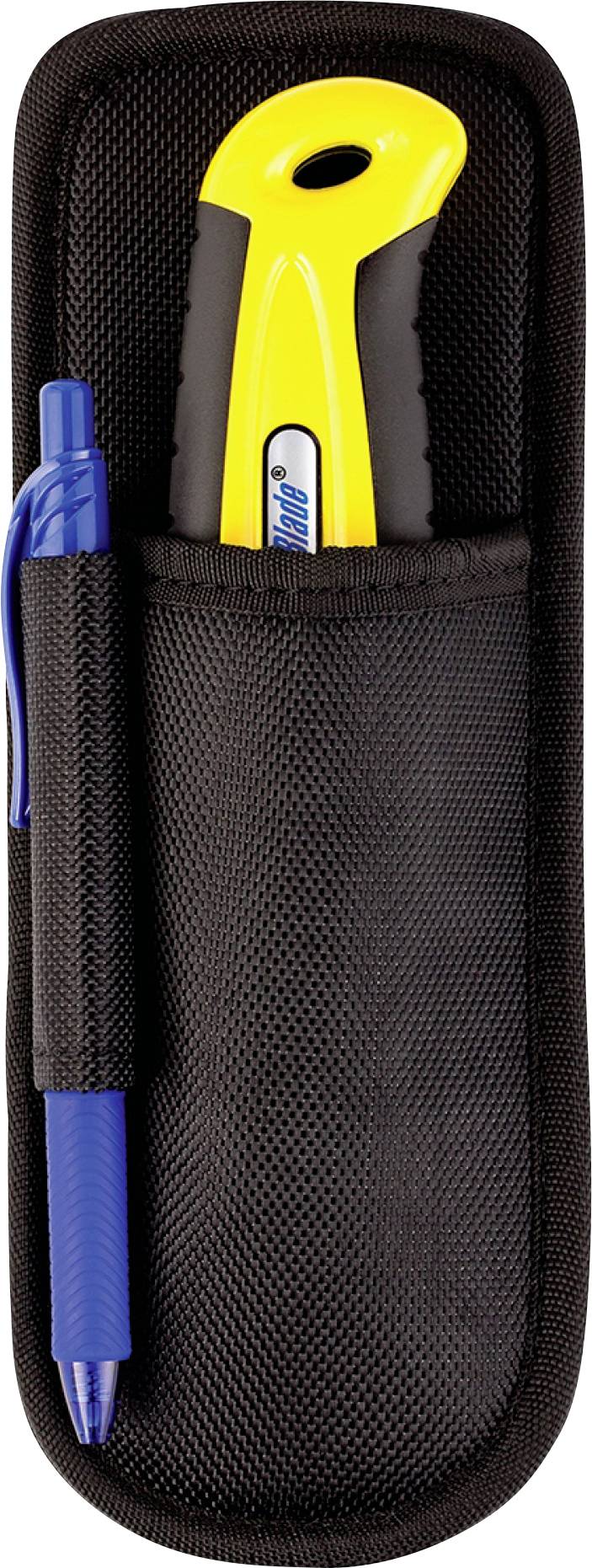 Zwart mesh-tasje met een geel gereedschapsmes en een blauwe pen/potlood, weergegeven in frontaanzicht.