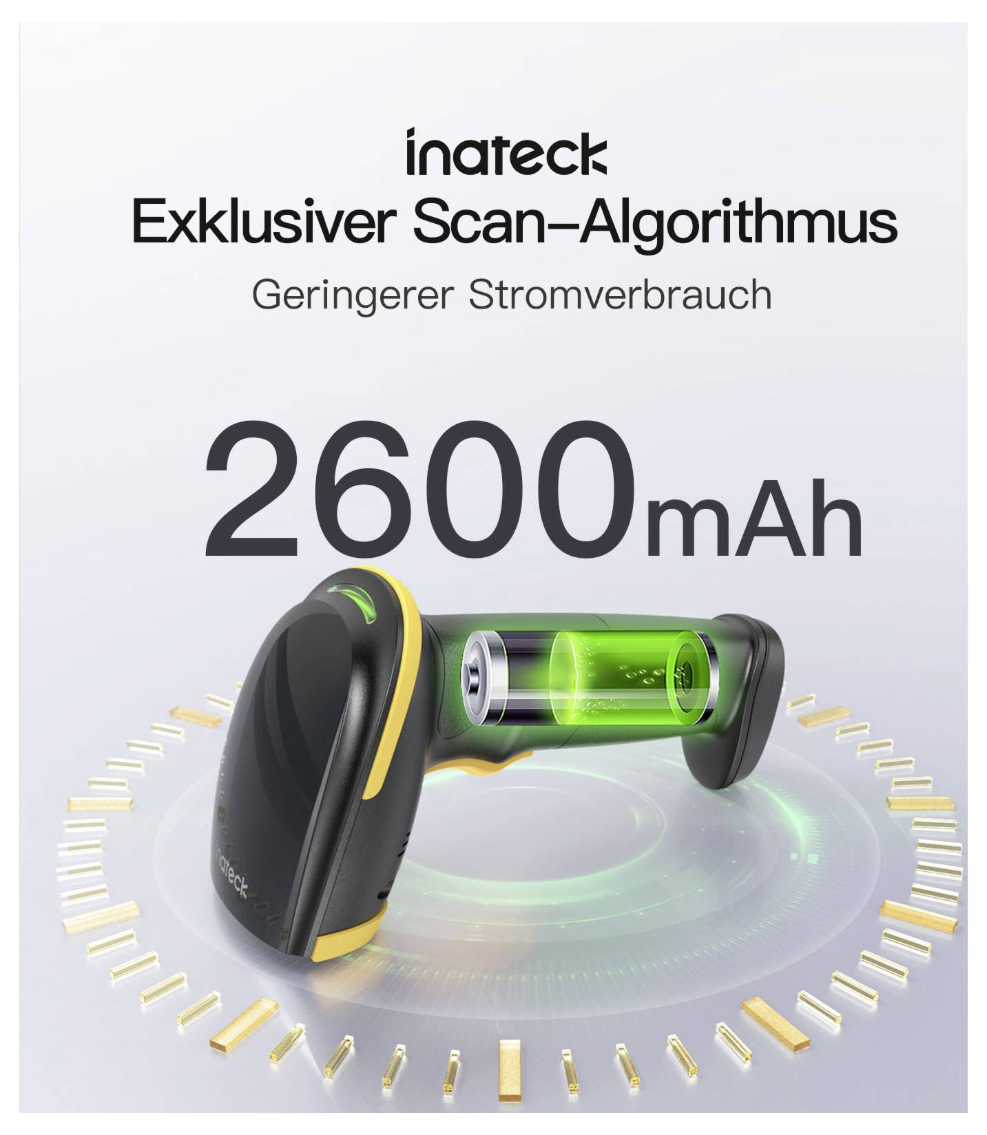 Inateck advertentie voor een scanalgorithm met lager stroomverbruik, met een 2600mAh batterij op een handheld apparaat en een gloeiende stroomindicator.