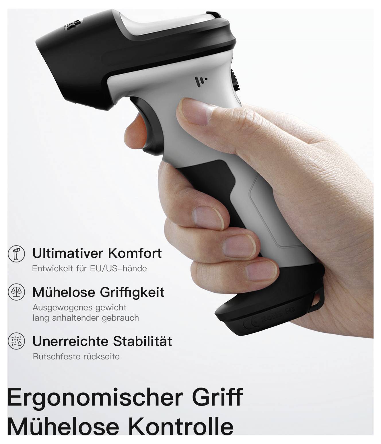 Hand die een grijszwarte barcodescanner vasthoudt; Duitse tekst benadrukt ergonomische grip, gemakkelijk gebruik en stabiel, antislipdesign.