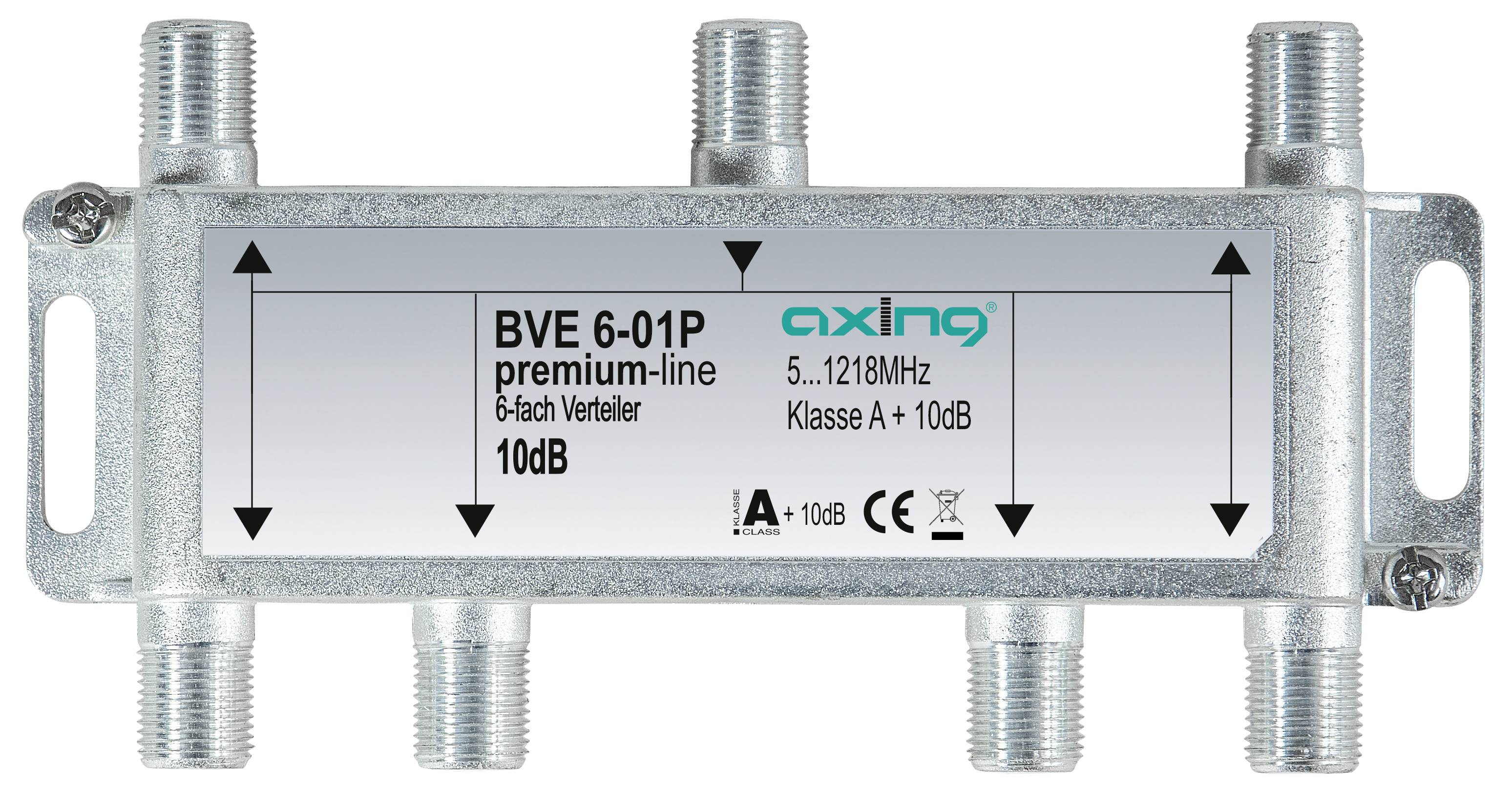 Metalen coaxiale splitter gelabeld 'BVE 6-01P premium-line' van axing, 6-weg 10 dB distributieversterker met zes schroefdraden-aansluitingen.