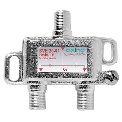 Metalen coaxiale TV-splitter met drie schroefdraadconnectoren en een label met de tekst 'SVE 20-01 basic-line 2-fach SAT Verteiler'.