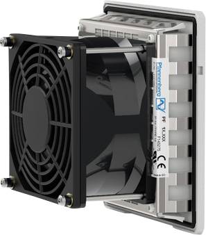 Klein ventilator-en-koelvinnen computerkoelingsmodule met een zwarte ventilator bevestigd aan een zilverkleurig metalen samenstel.