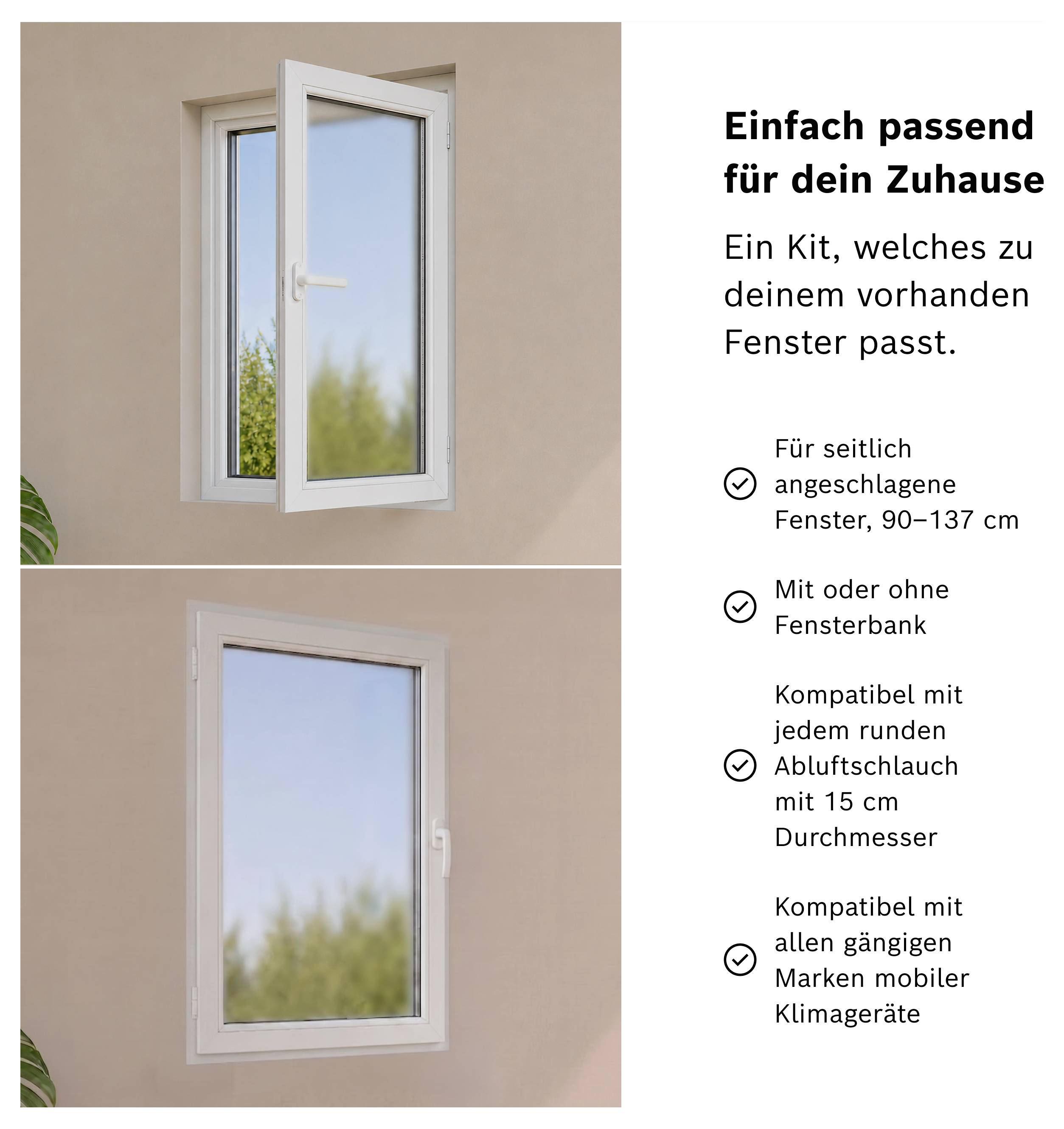Reclameafbeelding voor een vensterkit: twee vensteraanzichten links, rechts tekst "Eenvoudig geschikt voor jouw thuis" met compatibiliteitskenmerken voor zijdelings scharnierend ramen, vensterbank en airconditioningapparatuur.