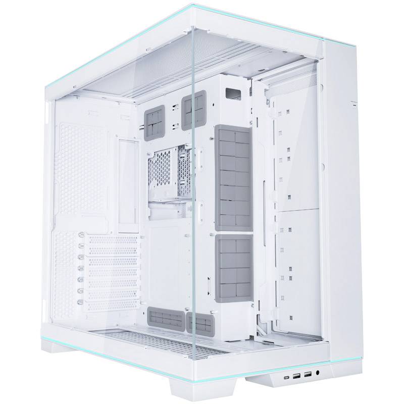 Transparante witte computerbehuizing met zichtbare interne schijfsleuven en moederkaartgebied, gezien van opzij met het frontpaneel open.