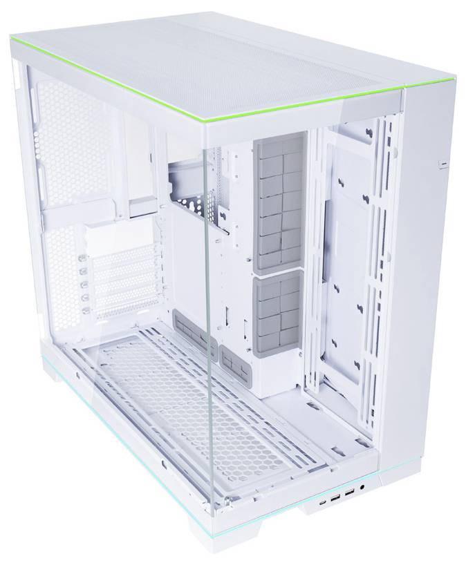 Lege witte computertorenkast met zijpanelen verwijderd, met zichtbare interne schijfbays, moederbordlade en kabelroutingruimte.