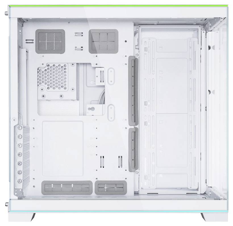 Leeg wit computerbehuizing interieur met moederbordlade, PSU-kap, schijfopbergvakken en kabelrouteringsuitsparingen.