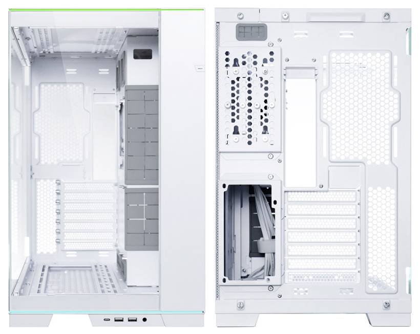 Witte pc-towerbehuizing getoond van voren en achteren, met nadruk op de interne lay-out, expansiesleuven, kabelroutering en ventilatiepanelen.
