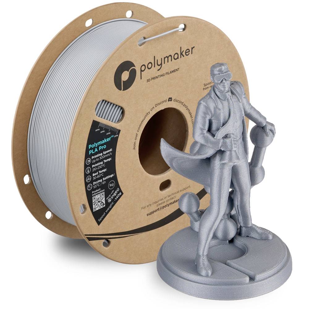 Spoel Polymaker PLA Pro 3D-printfilament naast een grijze 3D-geprinte figuur op een rond voetje.
