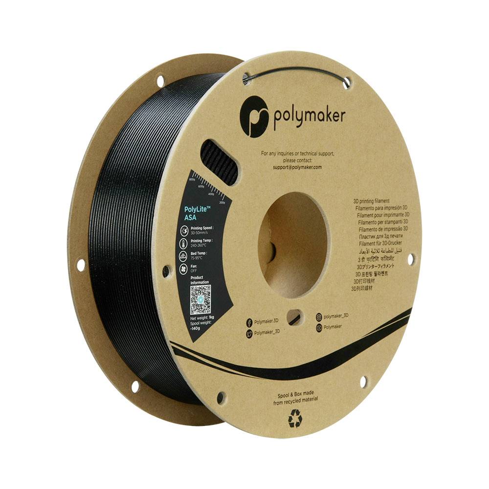 Zwarte 3D-printerspoel van Polymaker met kartonnen spoel en getextureerde filament erin op een witte achtergrond