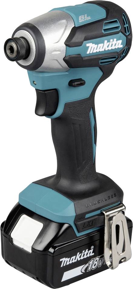 Makita draadloze slagschroevendraaier met 18V batterij, geïsoleerd op een witte achtergrond weergegeven.
