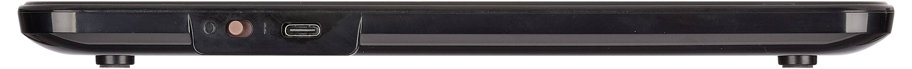 Zijkant van een laptopvoet met een gecentreerde USB-C-poort en een ronde knop aan de voorkant.