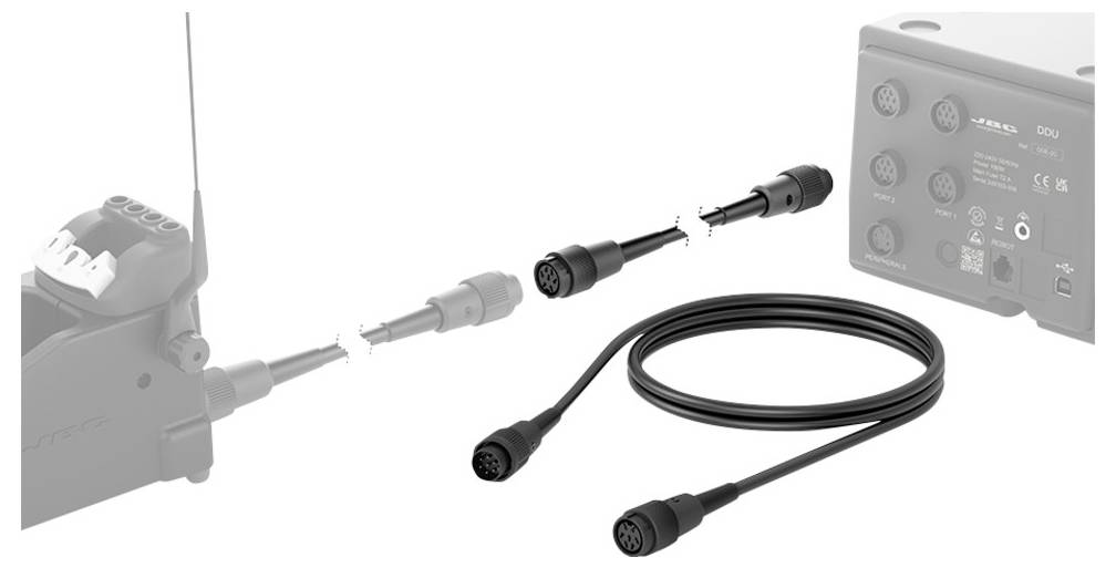 Exploded weergave van een kabel die een apparaat met een controller verbindt, met losmakbare zwarte connectoren en een opgerolde kabel die de twee eenheden met elkaar verbindt.
