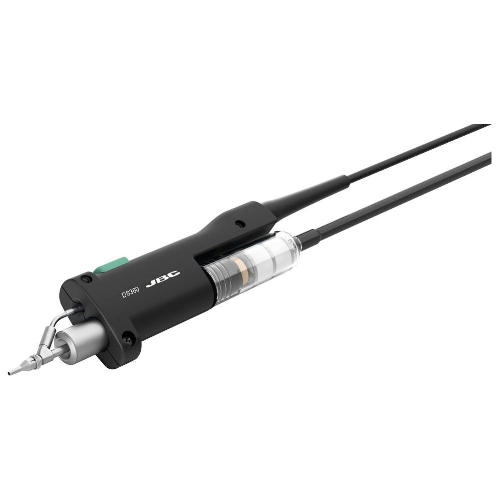 JBC DS360 soldeergereedschap met aangesloten kabel en transparante cartridge op een witte achtergrond.