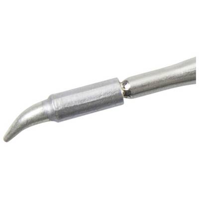 Detailfoto van een soldeerpunt met een gebogen metalen mondstuk op een witte achtergrond.