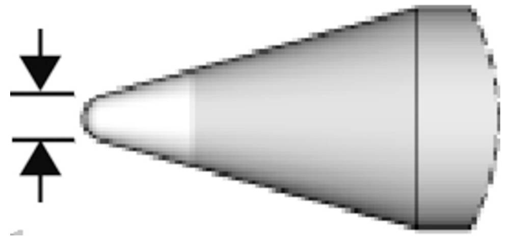 Kegelvorming mondstuk met pijlen die een nauw openingsdiameter aan het linkereinde aangeven, verbredend naar rechts.