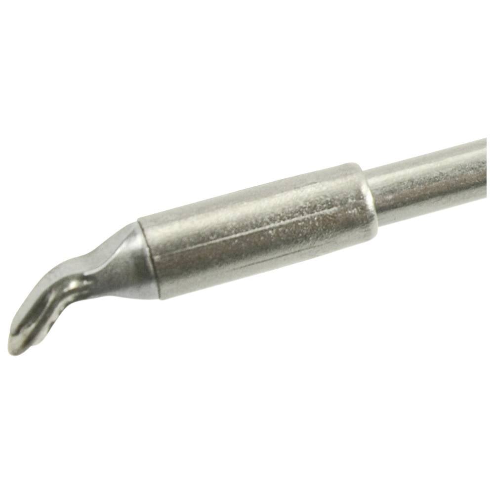 Close-up van een metalen gebogen-tip gereedschap of tandheelkundig instrument met een cilindrische schacht op een witte achtergrond.