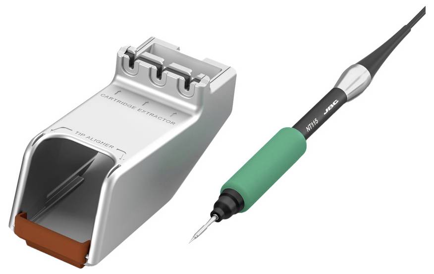 Een metalen patroonextractor en een penachtig precisiewerktuig worden naast elkaar op een witte achtergrond weergegeven.
