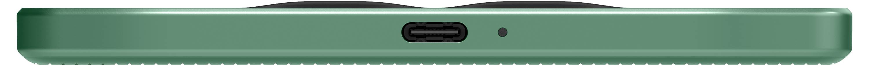Zijkant van een groene smartphone, waarin het dunne profiel met een gecentreerde poort en een klein microfoongatje zichtbaar is.