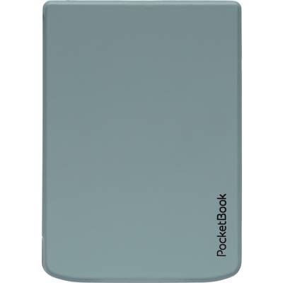Een gesloten teal PocketBook e-reader op een witte achtergrond, met de merknaam verticaal afgedrukt nabij de rechterkant onderaan.