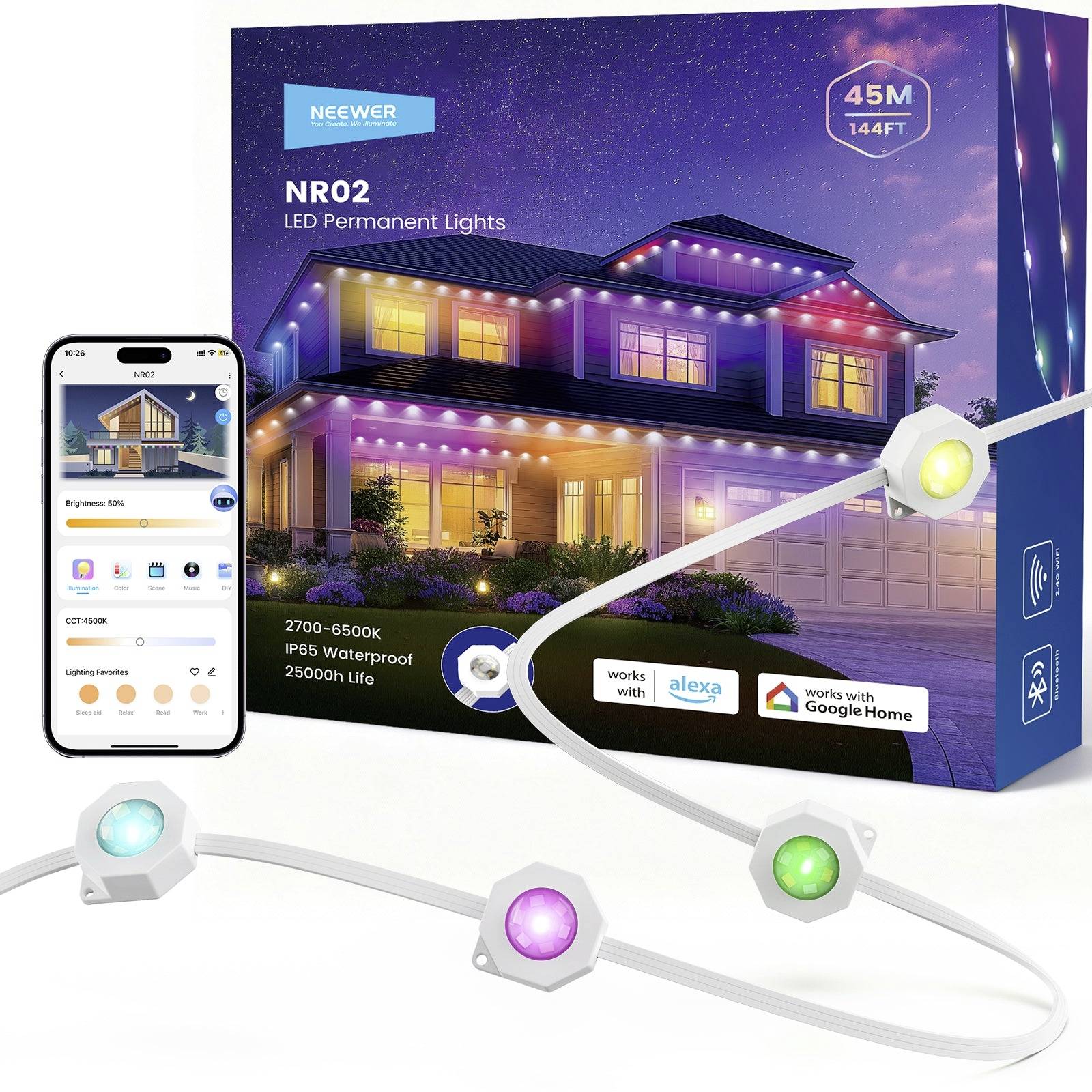 Neewer NR02 LED permanente verlichting productdoos met app-gestuurde huisverlichting display, telefoon-app preview en verbonden RGB-lichtpods