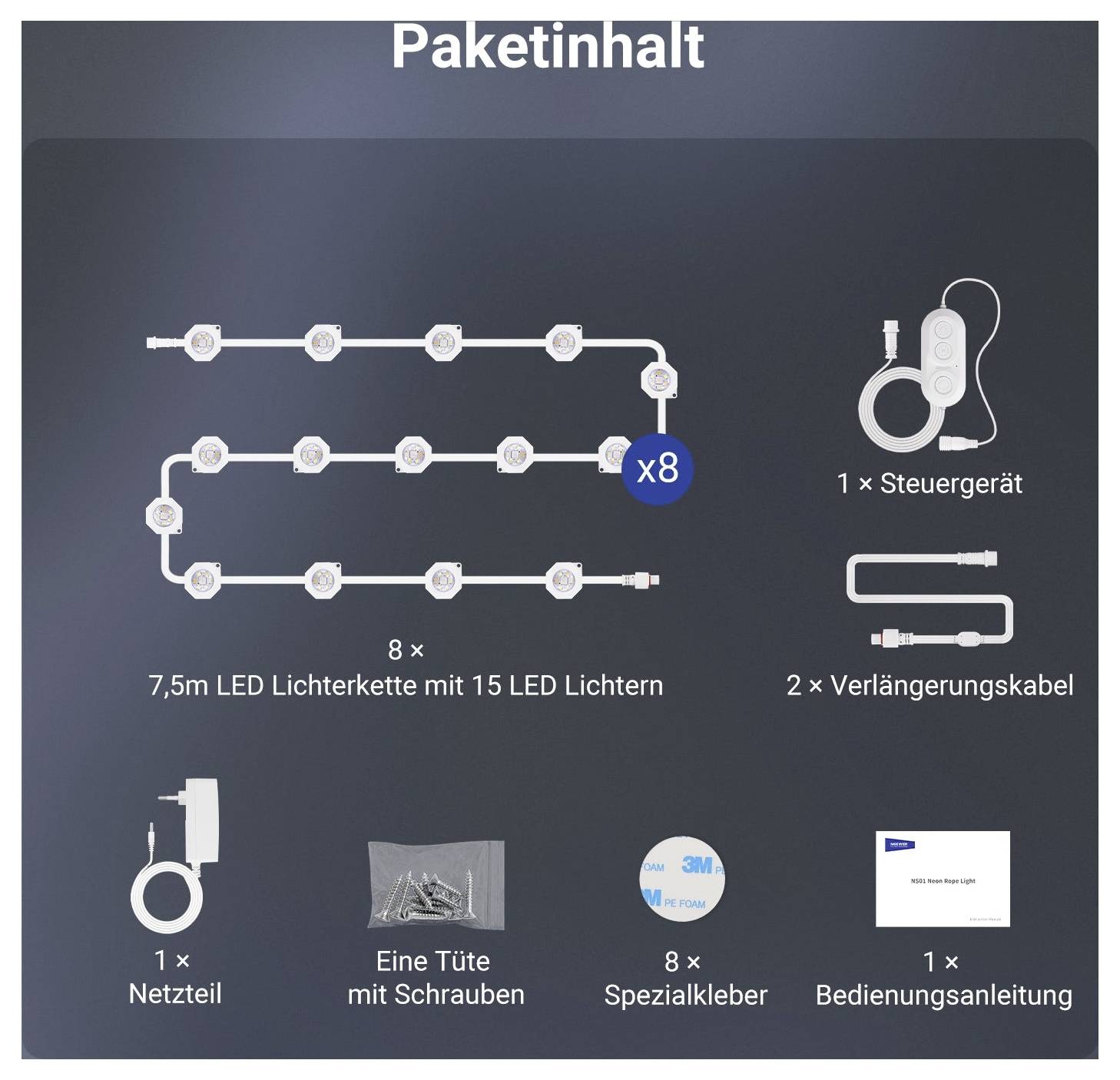Inhoud van het pakket voor een LED-lichtset: 8 lichtketens, 1 controller, 2 verlengkabels, 1 voeding, schroeven, speciale lijm en handleiding.