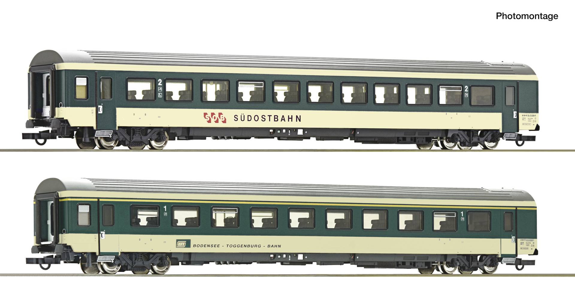 Fotomontage van twee zijkanten van groen-en-crème gekleurde Sudostbahn-passagierstreinen, met verschillende lakering en opschriften.
