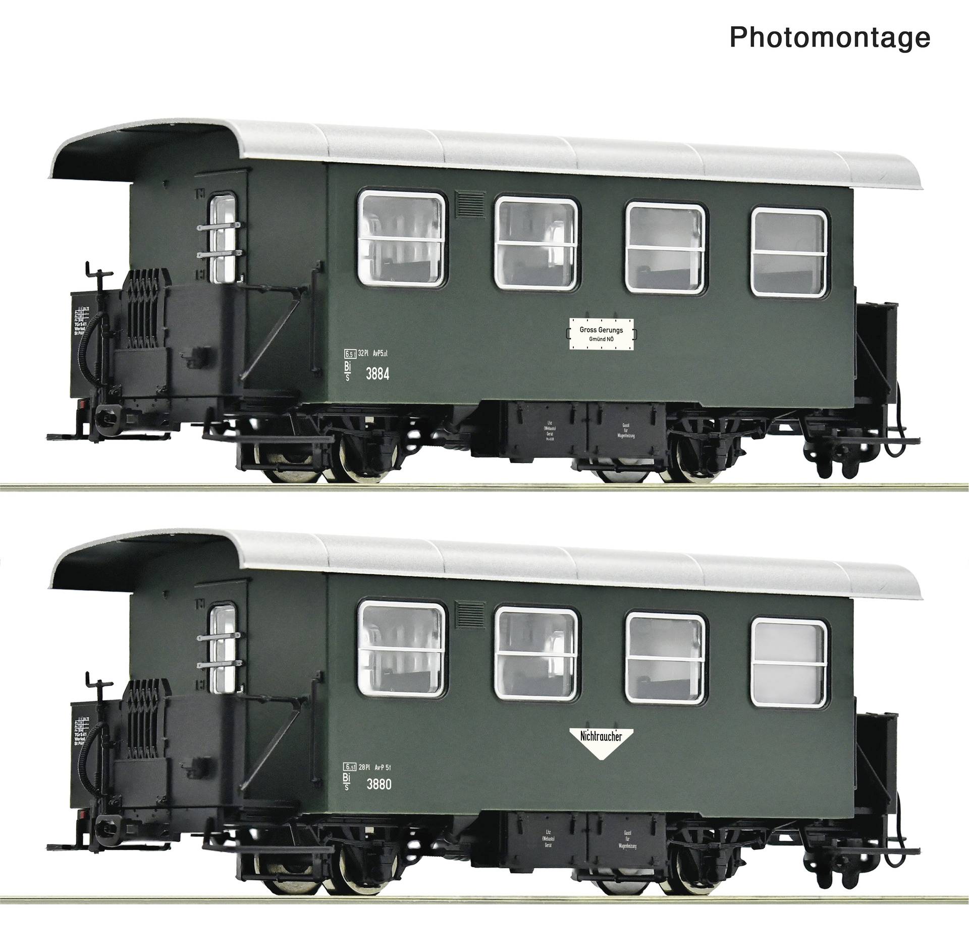 Fotomontage met twee zijzichten van een donkergroene spoorwagon met een wit dak, elk gelabeld met verschillende spoorwegmarkeringen.