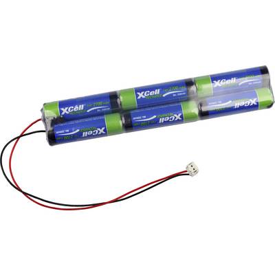 Zes blauwe oplaadbare batterijen in een doorzichtig plastic pak met rode en zwarte snoeren die eindigen in een kleine witte connector.