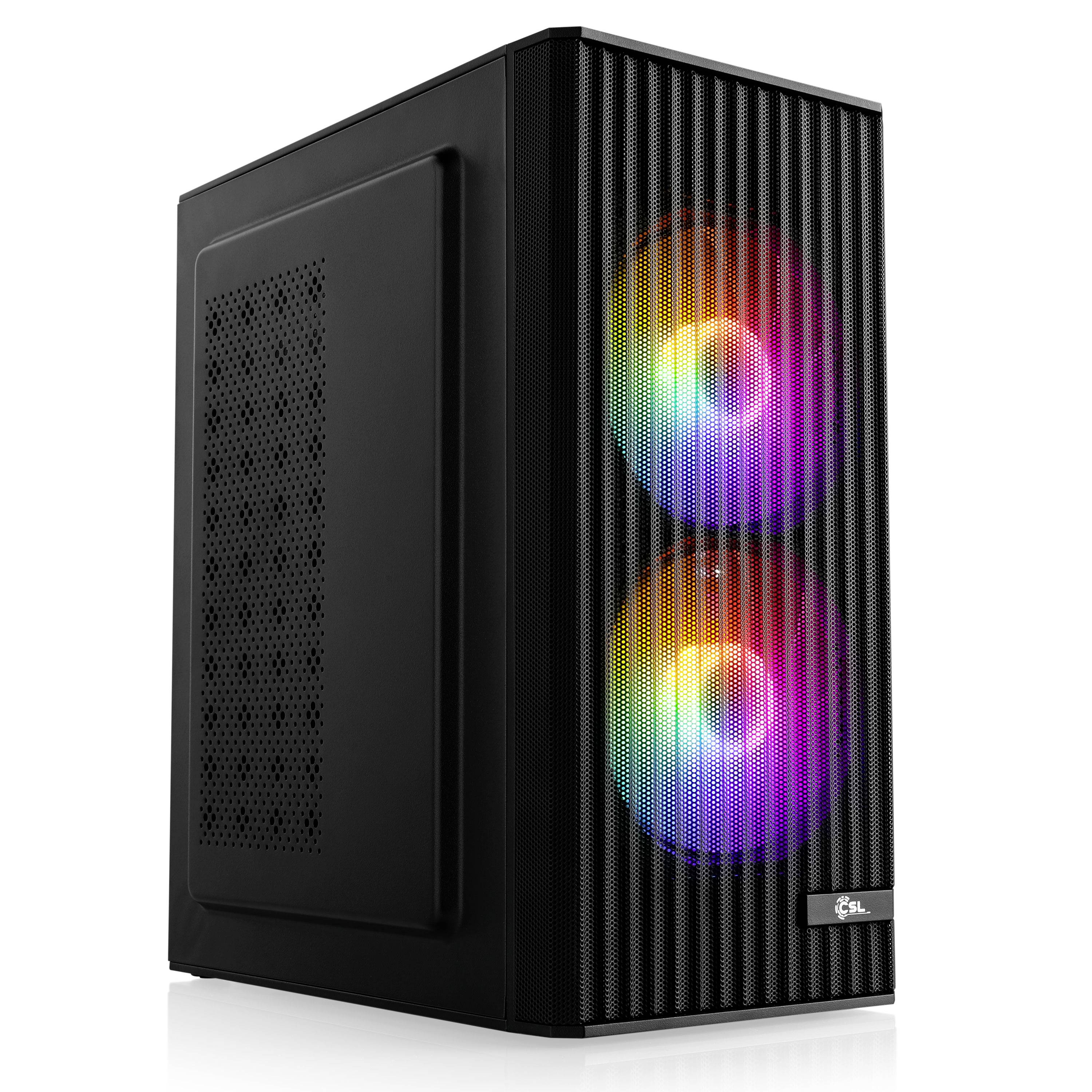 Zwarte desktop PC-toren met twee RGB-verlichte koelingsventilators aan de voorkant achter een gaasrooster.