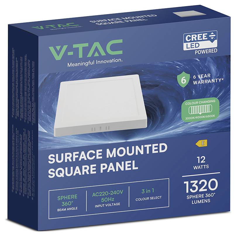 V-TAC CREE LED oppervlakte-gemonteerde vierkante paneellichtbak, met 12W, 1320 bol 360° lumen, 6 jaar garantie, en kleuropties 3000K/4000K/6500K.