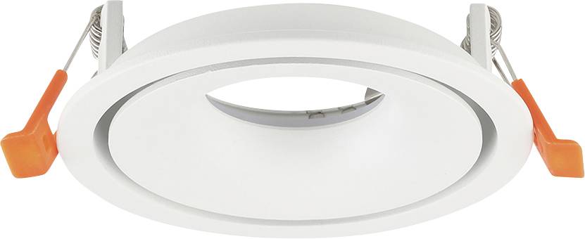 Wit ingebouwde ronde LED-plafondlamp met veerclips en oranje installatietabbladen, van onderaf gefotografeerd.