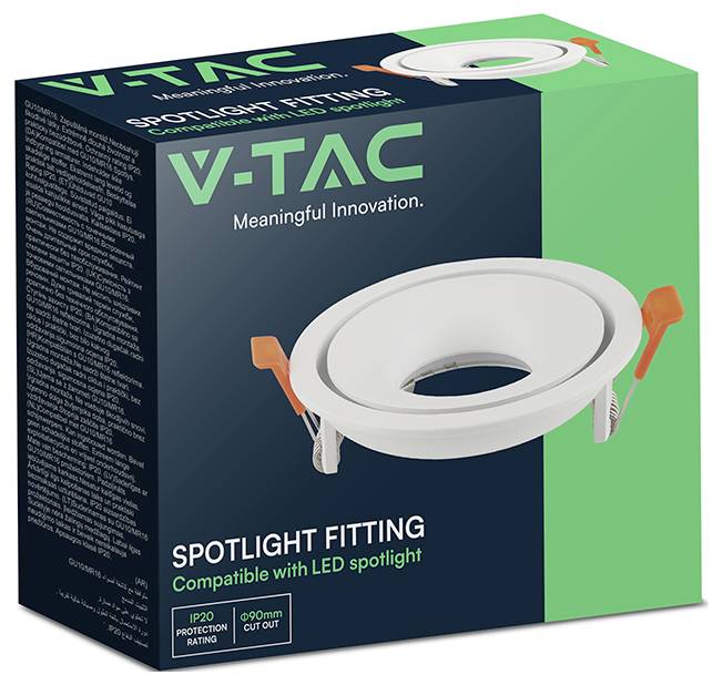 Doosverpackaging voor V-TAC spotlight-fitting, met wit ingezonken LED-lichtafwerkingsstuk met oranje clips en tekst 'Compatibel met LED-spotlight'.