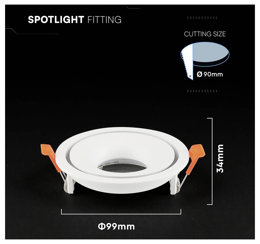 Spotlightarmatuur met veerclips, met uitsparing Ø90mm en totale afmeting Ø99mm bij 34mm hoog.
