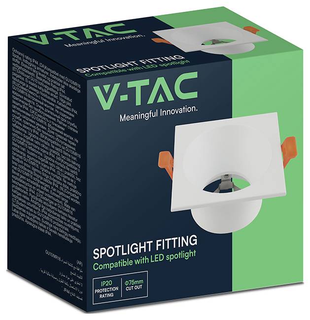 Productdoos voor V-TAC spotlightarmatuur, met een witte inbouwlichtframe en tekst 'Compatibel met LED-spotlight', 'IP20-waardering' en '75 mm uitsparing'.
