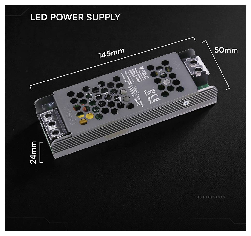 LED-voeding afgebeeld met afmetingen gelabeld 145 mm lang, 50 mm breed en 24 mm hoog.