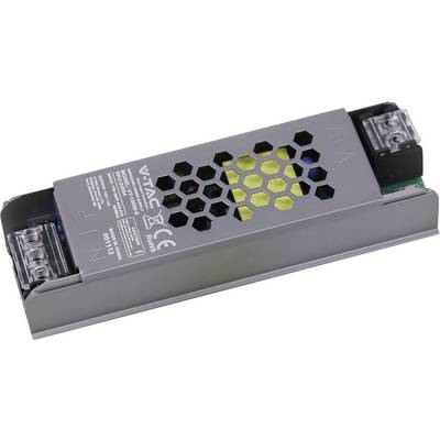 Metalen LED-voedingsmodule met zeshoekige ventilatieopeningen en zichtbare aansluitklemmen aan beide uiteinden.