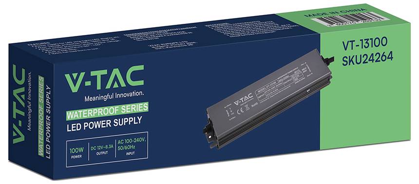 V-TAC waterdichte serie LED voedingskast gelabeld VT-13100 SKU24264, 100W, met weergegeven voeding