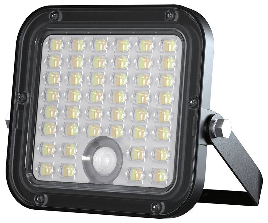 Zwarte LED-schijnwerper met veel vierkante LED's en een centrale bewegingssensor, weergegeven op een verstelbare montagebeugel.