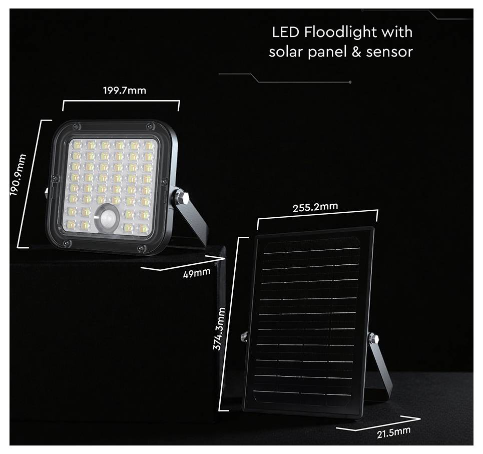 Afmetingstekening van een 'LED-schijnwerper met zonnepaneel en sensor', met voorkant- en achterkantaanzichten met afmetingen voor het licht en het paneel.