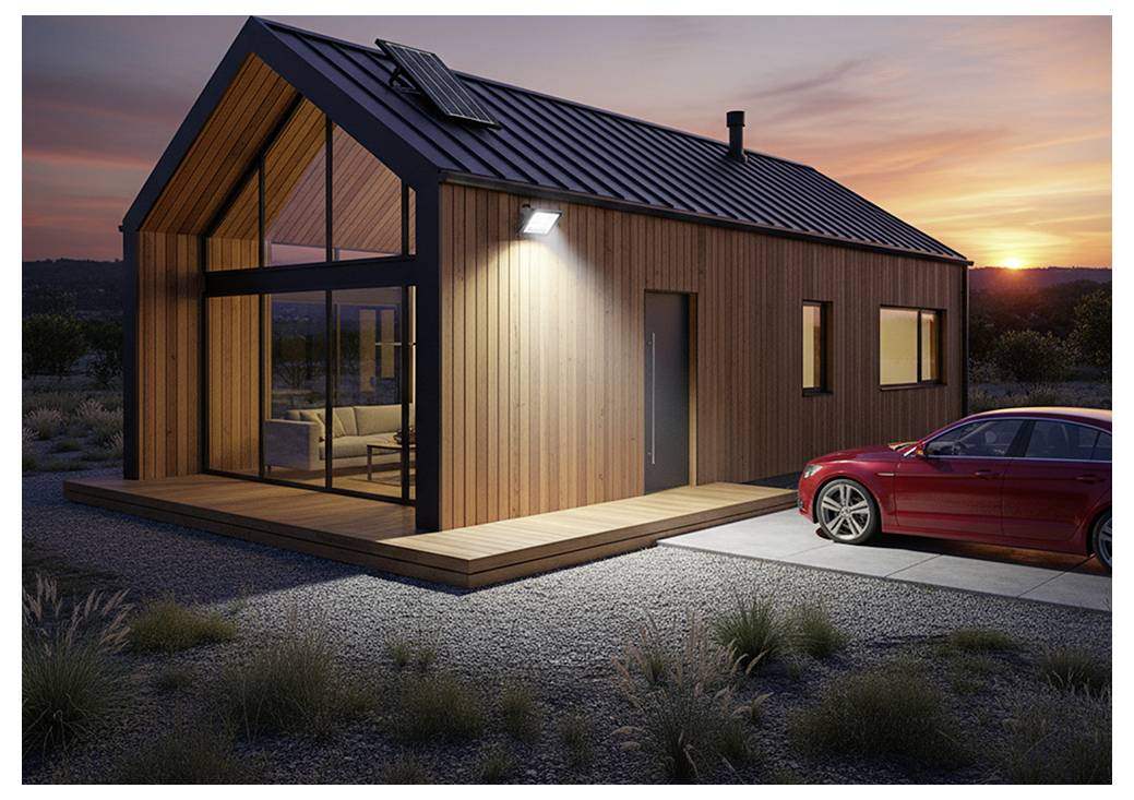 Modern houten hutje met grote glazen voorkant bij zonsondergang, verlichte buitenmuurlamp, met een rode auto ernaast geparkeerd.
