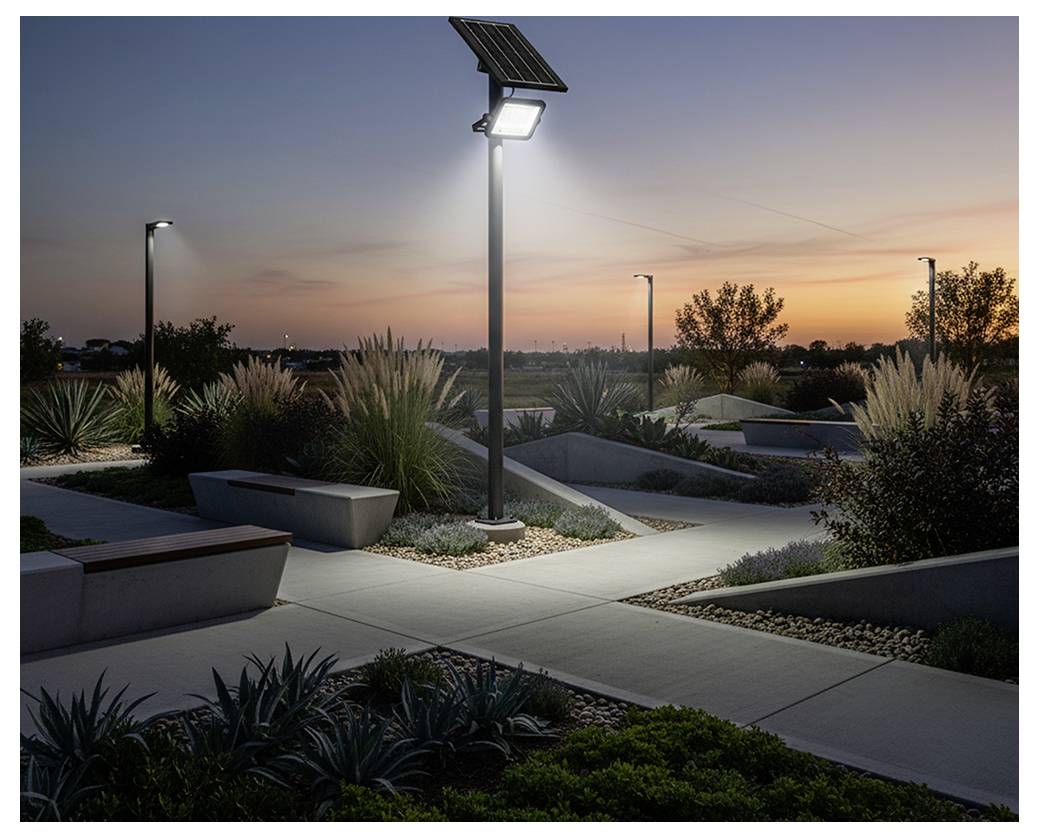 Modern aangelegde wandelpad bij zonsondergang met zonne-energievoorziene straatlampen, betonnen paden, banken en woestijnplanten.