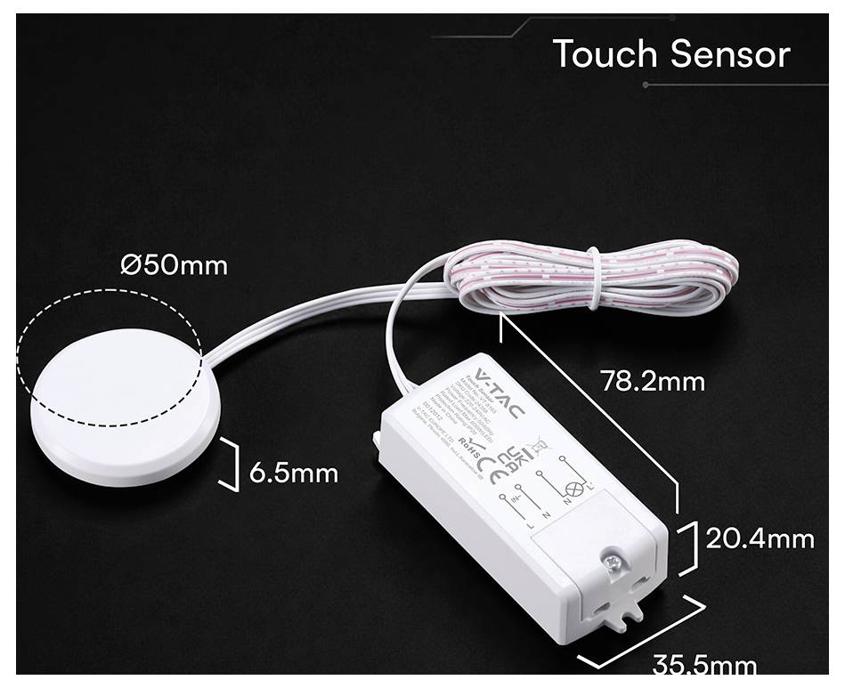 Productafbeelding van een witte aanraaksensor met rond 50 mm contactvlak, aangesloten kabel en bedieningskast gelabeld met afmetingen 78,2 mm, 20,4 mm, 35,5 mm en 6,5 mm.