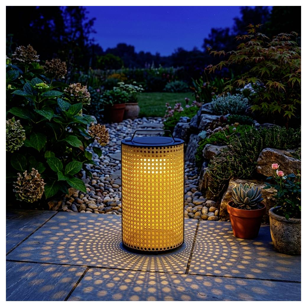 Gloeiende doorboorde lantaarn die cirkelpatronen van licht op een terras in de schemering werpt, met tuinplanten en stenen op de achtergrond.