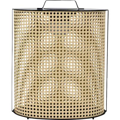Cilindrische geweven rotan lampenkap met een zwart metalen frame en handvat, getoond op een witte achtergrond.