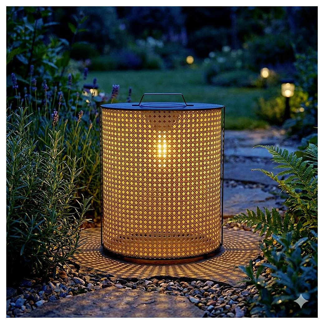 Warme gloeiendo cilindervormige buitenlantaarn met doorboorde metalen kap, verlicht op een tuinpad in de schemering, omgeven door planten en stenen.