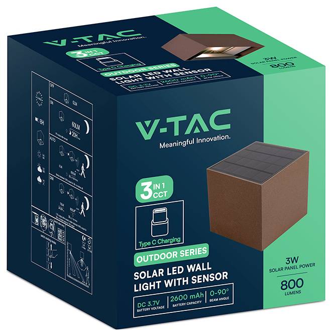 Productdoos voor V-TAC buitenshuis zonnewandlamp met sensor, met een 3W paneellamp, 800 lumen, USB Type C-oplaad en 2600 mAh accu.