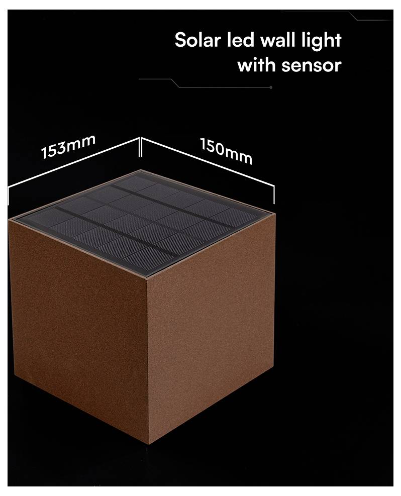 Productafbeelding van een zonne-LED wandlamp met sensor, weergegeven als een bruine kubus met een zonnepaneel bovenaan en gelabelde afmetingen van 153 mm bij 150 mm.