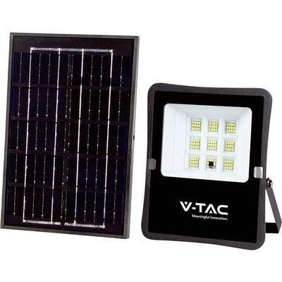 Op zonne-energie aangedreven LED-schijnwerperset met een zonnepaneel en een V-TAC-schijnwerper met meerdere LED-chips en bevestigingsbeugel.