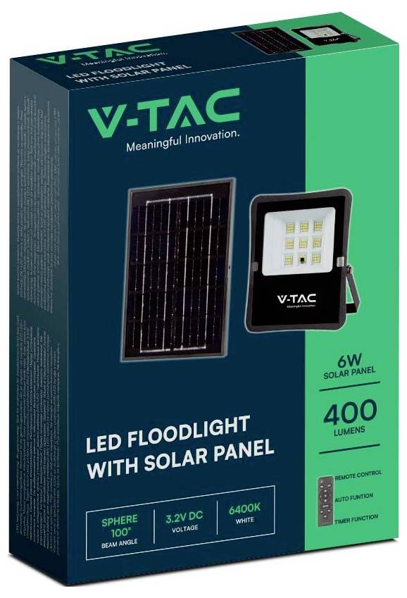 V-TAC LED-schijnwerper met zonnepaneel verpakking, met een 6W zonnepaneel, 400 lumen output, 6400K wit licht en 100° spreidingshoek.
