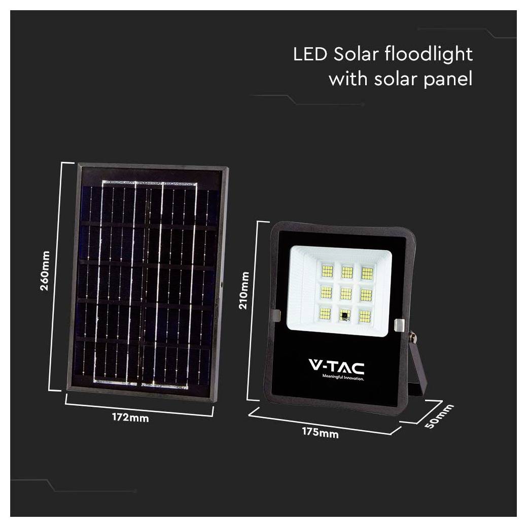 Productafbeelding van een 'LED-zonneschijnwerper met zonnepaneel' met het paneel en lichtunit en afmetingen: paneel 260 x 172 mm, schijnwerper 210 x 175 x 90 mm.